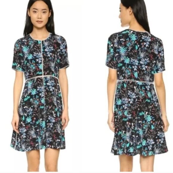 The Kooples Dress Womens Size Large Black Floral Silk Short Sleeve Midi - Picture 1 of 14